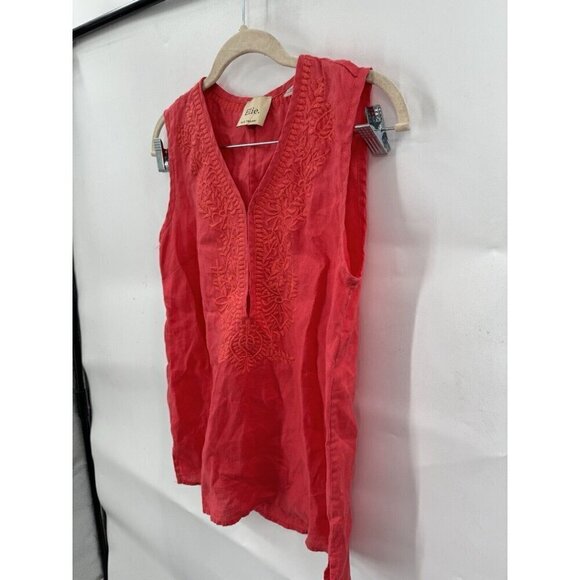 Elie Tahari Blouse Women Small Coral 100% Linen Embroidered Minimalist Coastal - Picture 9 of 9